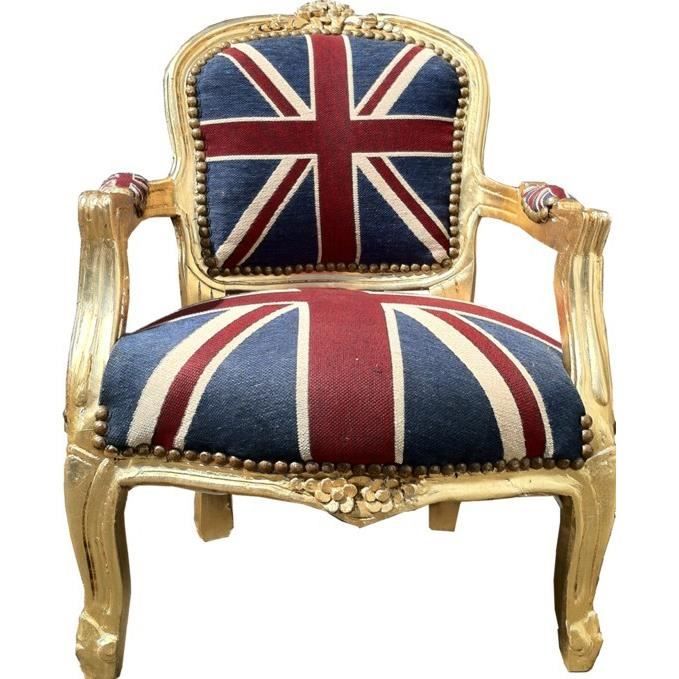 Fauteuil baroque enfant Union Jack et bois laqué beige