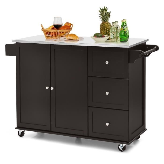 COSTWAY Desserte de Cuisine à Roulettes - Plateau Acier Inox. - îlot Chariot de Cuisine - 3 Tiroirs 2 Portes et Porte-épices Café