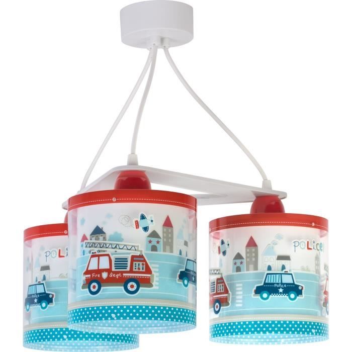 Dalber - Lampe à suspension enfant 3 lumières - Police - Motif police et pompiers L 39 cm H 30 cm Bleu et blanc