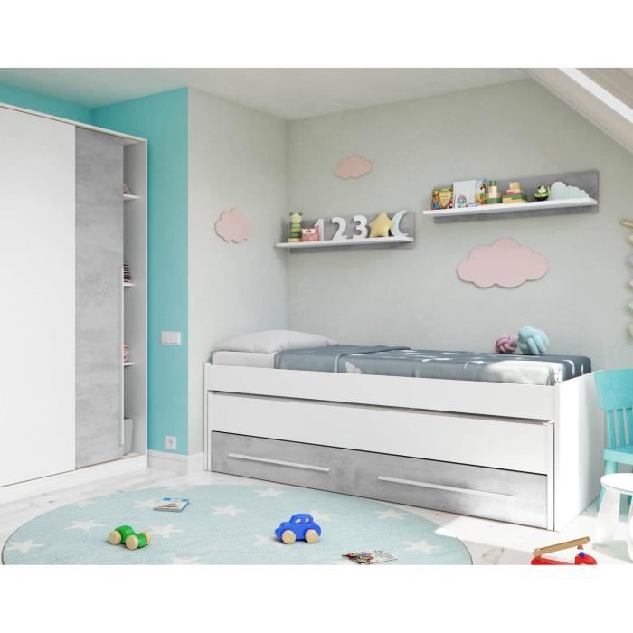 lit conteneur simple avec deuxième lit gigogne - dmora - blanc et ciment - tiroirs et étagères