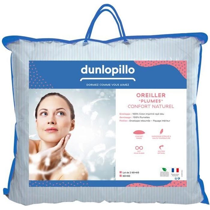 DUNLOPILLO - Lot de 2 oreillers Plumes Fermes 60 x 60 cm Blanc
