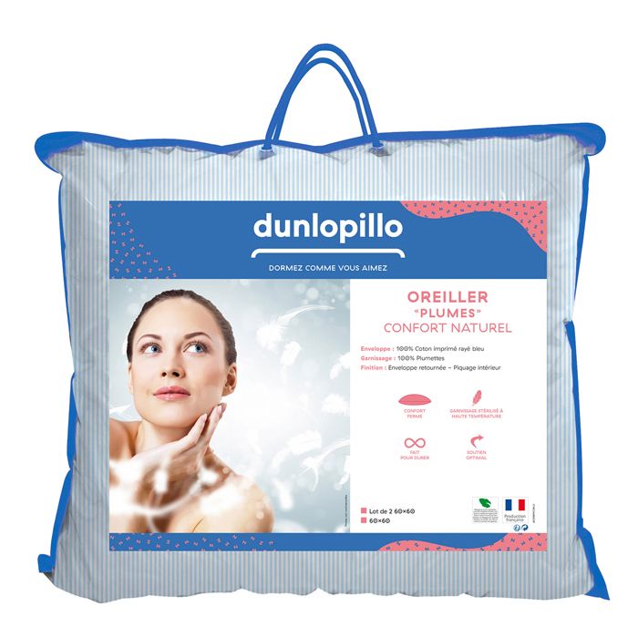 DUNLOPILLO - Lot de 2 oreillers Plumes Fermes - 100% plumettes - 60 x 60 cm