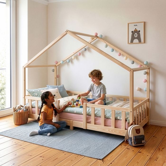 Lit d'Enfant Forme Maison avec Grille de Protection Treviolo 200 x 90 cm Bois naturel [en.casa]