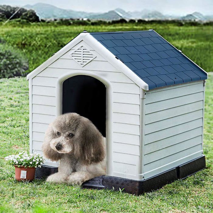 Meilleurs prix pour GIANTEX Niche pour Chien Extérieure avec Toit, Maison Chien Imperméable, Évent Ventilé et Sol Surélevé, 65x70x71,5CM, Bleu+Blanc