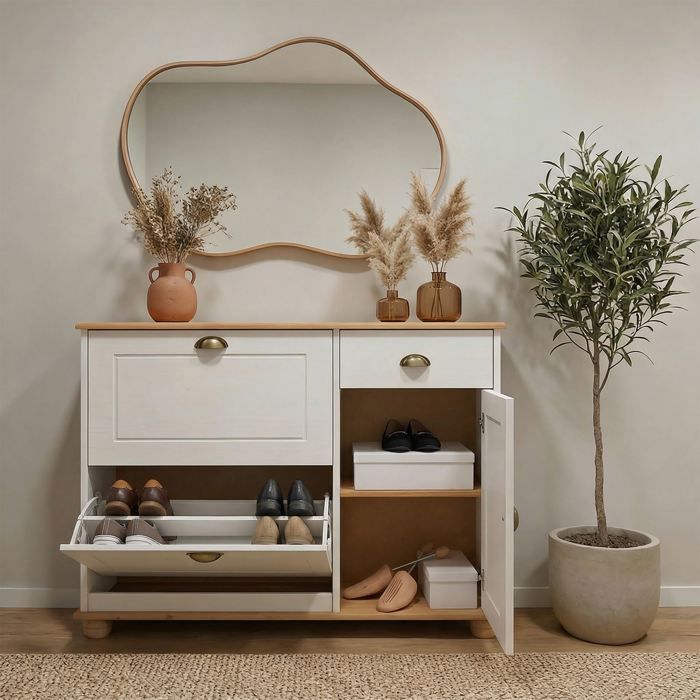 Meuble à chaussures COLMAR armoire rangement avec 2 abattants 1 tiroir et 1 porte avec 1 étagère en pin massif lasuré blanc et brun Meuble à chaussures COLMAR armoire rangement avec 2 abattants 1 tiroir et 1 porte avec 1 étagère en pin massif lasuré blanc et brun