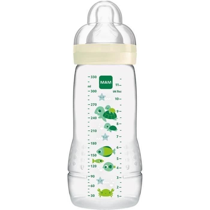 Biberon MAM Easy Active 2ème Âge Jaune 330ml - Tétine Débit X - Col Large - Sans Bisphénol A