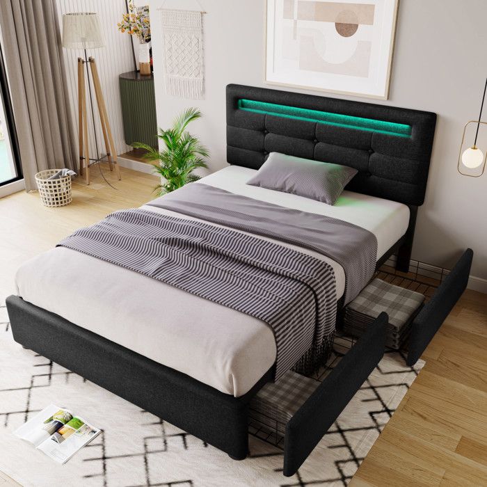 Lit Coffre avec LED 90 x 200 cm Bois et Métal Lit double avec 2 tiroirs sommier à lattes et tête de lit gris Lit Coffre avec LED 90 x 200 cm Bois et Métal Lit double avec 2 tiroirs sommier à lattes et tête de lit gris