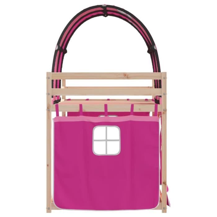 Lit superposé - OMABETA - 90x190 cm - Bois pin massif - Rideaux roses - 2 places