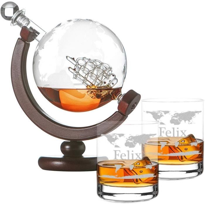 Carafe à Whisky Globe Terrestre 650 Ml – Mappemonde & Voilier Gravés Dans Le Verre + Support Bois Personnalisé Avec Nom
