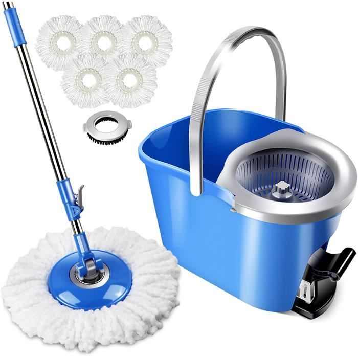 Serpillère rotative à 360° et seau avec 3 tampons en microfibre lavables, séparation de l'eau sale et propre, serpillère et seaux pour nettoyer le sol, le mur, le verre