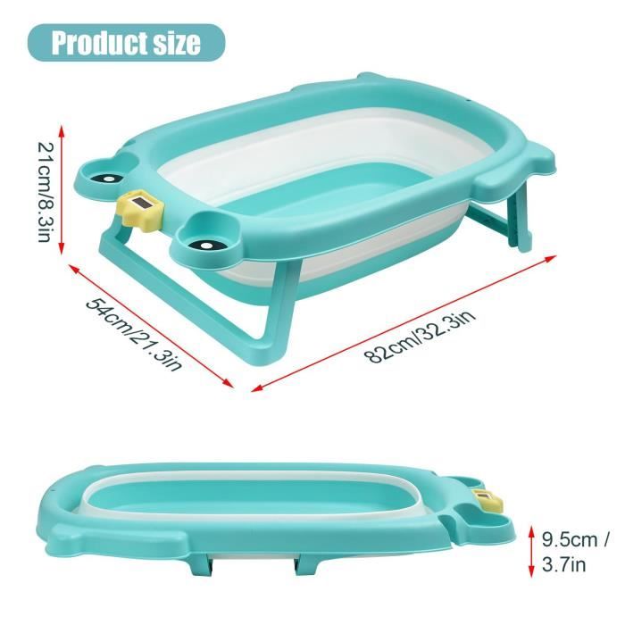 Baignoire Bébé Pliable Avec Thermomètre Numérique - Support Ergonomique, Drainage Rapide - Inclut Tapis De Bain (Vert)