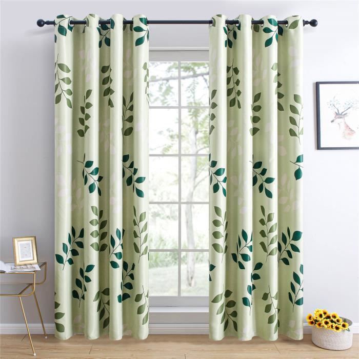 Rideaux Occultants 140x2cm Avec Motifs De Feuilles Vert A Oeillets Pour Fenetres Salon Chambre Enfants Topfinel Cdiscount Maison