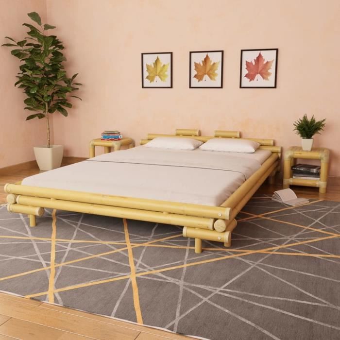 cadre de lit en bambou - vidaxl - 160 x 200 cm - bois - panneaux de particules - style campagne