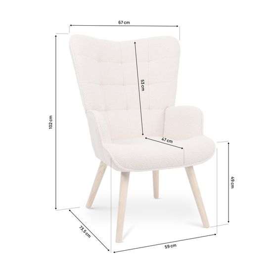 Fauteuil De Salon Scandinave Stella - Tissu Bouclette Beige - Pieds En Bois - Dimensions L.67 X P.73,5 X H.102 Cm - Pour Salon, Chambre, Bureau