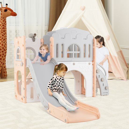 COSTWAY 9 en 1 Toboggan Enfant en HDPE avec Échelle & Panier de Basketball, Aire de Jeux Intérieure avec Télescope & Volant & Tunnel, Espace de Rangement pour Tout-Petits de 1 an