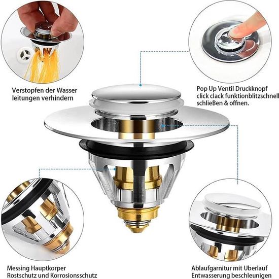 2 Filtres De Vidange Évier Pop-Up Inox - Bouchon Anti-Cheveux Pour Lavabo, Douche, Cuisine - Acier Inoxydable 304 - Installation Facile