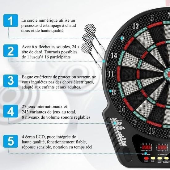 Cible électronique avec portes, 216 jeux, 4 écrans LED, 12 fléchettes