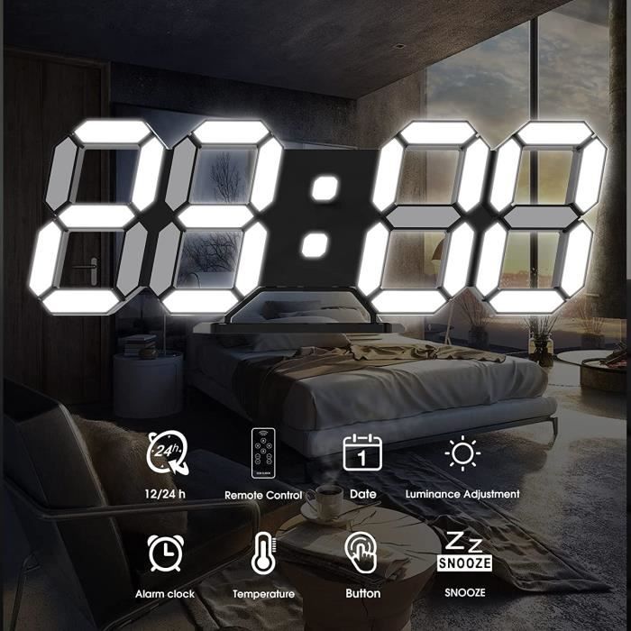 Horloge Murale Numérique Avec Température Et Date - Grands Chiffres LED - Alimentation USB Ou Piles - Bureau Ou Mur