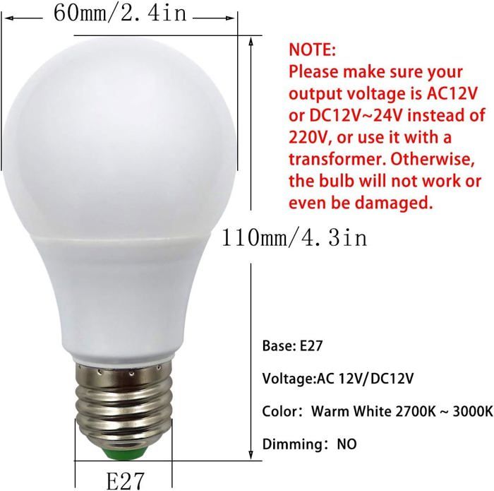 Ampoules LED E27 12V 5W (A60 50W Halogène) Basse Tension Edison Screw Dans Les Ampoules Blanc