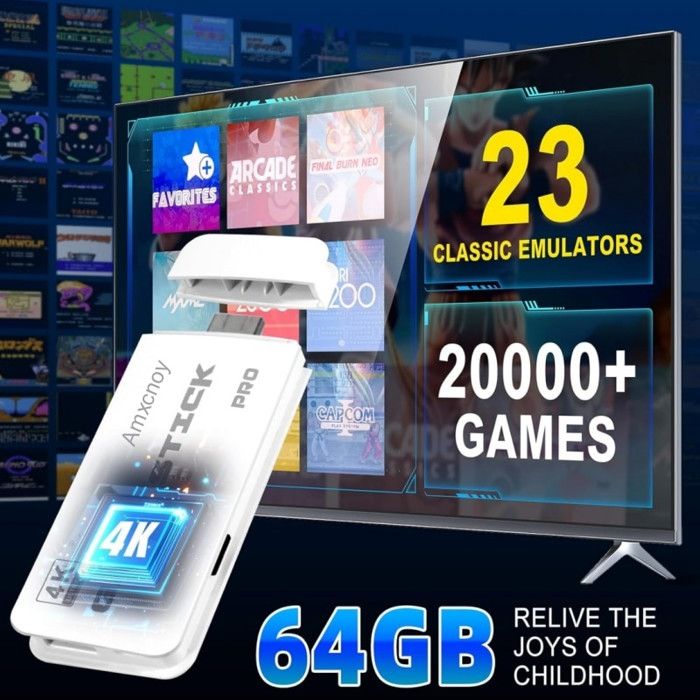 Clé de jeu rétro pour console de jeu, plus de 20 400 jeux rétro avec 2 manettes de jeu sans fil, clé de jeu vidéo HDMI Plug & Play pour TV, cadeau
