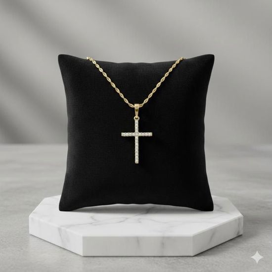 Collier Croix Catholique En Cristal Et Plaqué Or 750 - Pendentif Femme 46-50 Cm - Neuf