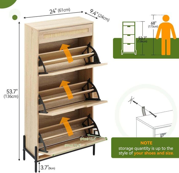 Meuble à Chaussures 4 Tiroirs En Rotin Et Chêne Clair – Rangement Entrée, Salon Ou Couloir