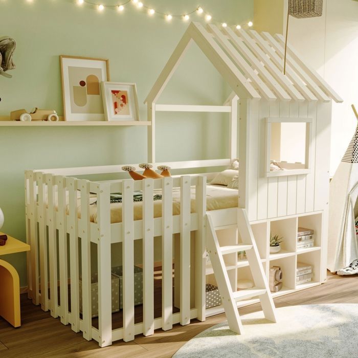 Lit Mezzanine Enfant 90x200 Cm Avec Toit De Cabane, Armoire Et étagères - Pin Et MDF - Blanc Et Vert - Capacité 120 Kg