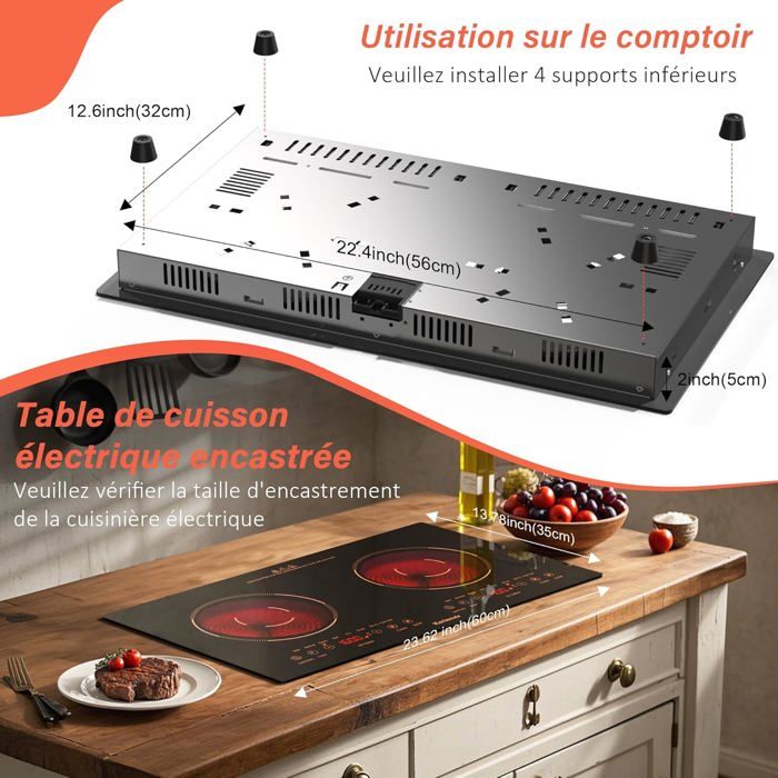 Plaque Vitrocéramique 2 Feux à Poser - 220-240V, Sérigraphie Orange - 9 Niveaux, Verrou Enfant