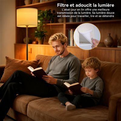 Lampadaire sur pied de salon, lampe sur pied avec abat-jour en lin et interrupteur à pied, 38 x 161 cm, doré et beige - Maison