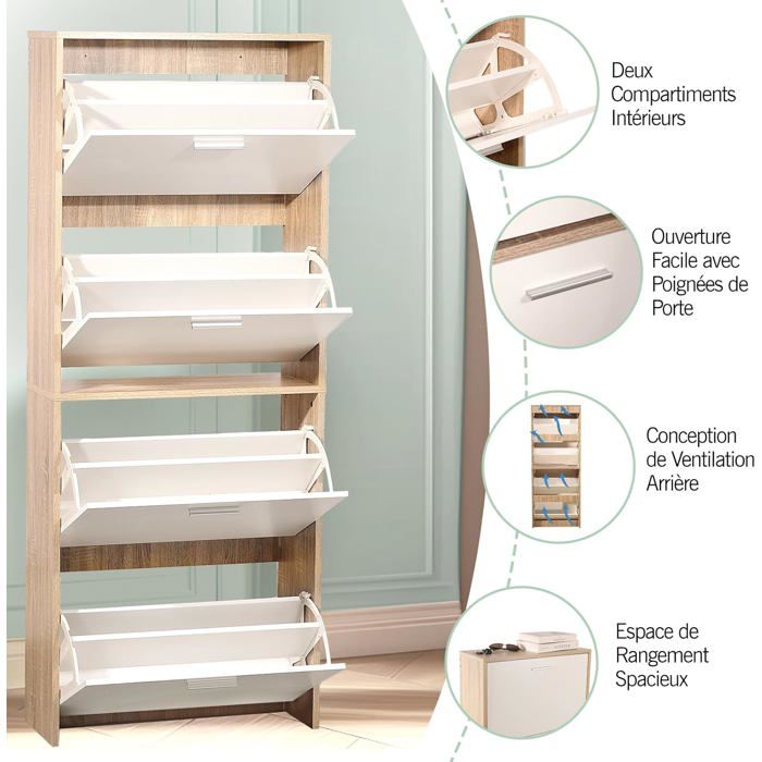 Meuble à Chaussures En Bois Et Rotin - 3 Portes Abattants Et 1 Tiroir Etagere Reglable Naturel Blanc 97555788