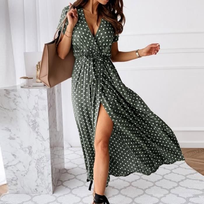Robe Longue d ete fluide a manches courtes et col en V a pois pour femmes Vert Vert Cdiscount Pret a Porter