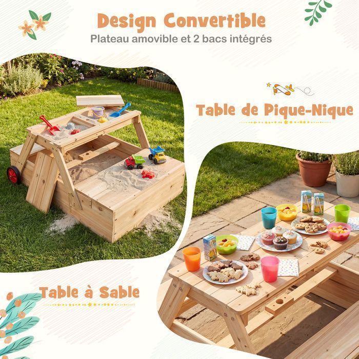 Table De Jardin 2 En 1 Avec Bancs Pour Enfants SPRINGOS - Bois Massif Naturel 90x79x50 Cm