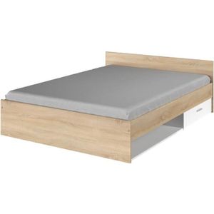 PARISOT Lit Adulte 140x190 cm 1 tiroir - Décor Blanc et Chêne - L 146 x P 193 x H 59 cm - EKO