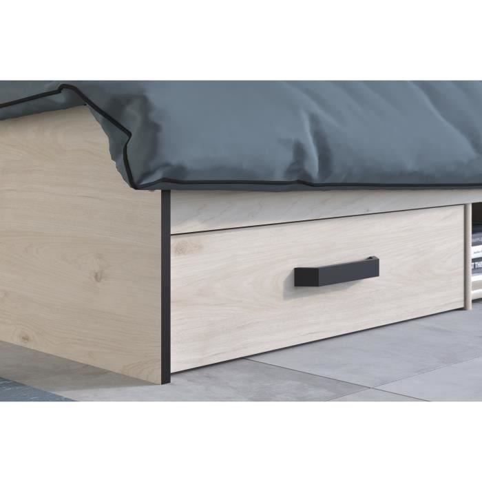 Lit Adulte PARISOT COMBO 140x190/200 Cm, Chêne Et Noir, Avec Tête De Lit à Niches Et 3 Tiroirs, Design Contemporain