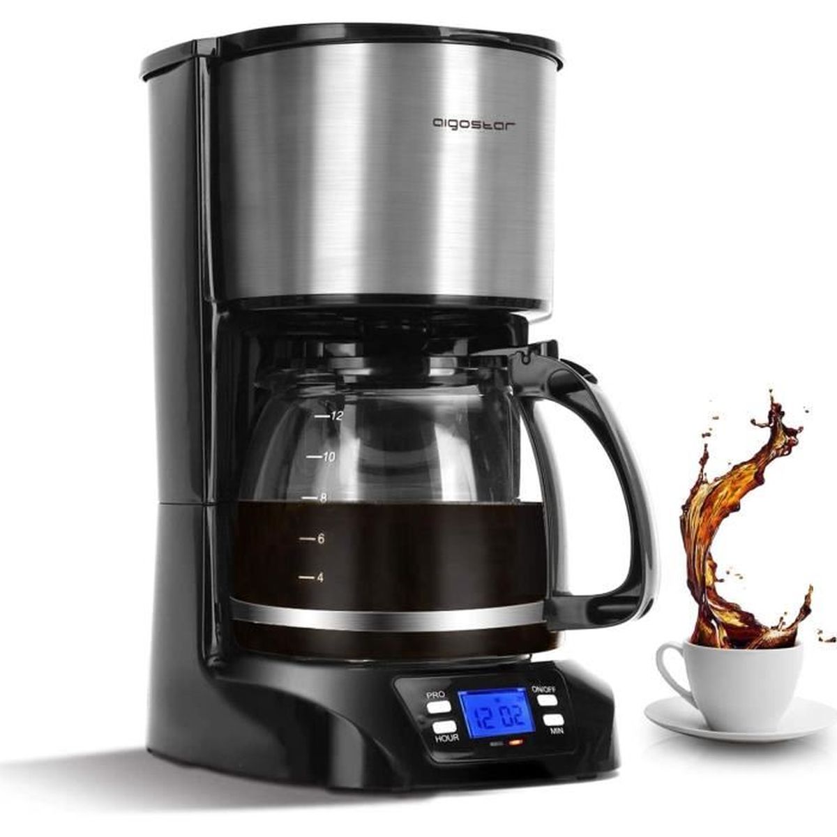 Cafetière Filtre Electrique inox Programmable à 1,5L (12 tasses), Numérique avec Écran LCD Cafetière Filtre Electrique inox Programmable à 1,5L (12 tasses), Numérique avec Écran LCD
