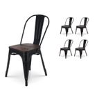 KOSMI Lot de 4 chaises en métal noir mat et assise en bois foncé - Style industriel