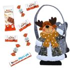 PRO DISTRI Panier Renne de Noël garni d'un assortiment de 30 chocolats Kinder Schokobons, mini Bueno, Maxi & Country | Panier feutrine gris
