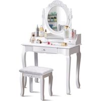 RELAX4LIFE Coiffeuse Table de Maquillage avec Miroir Rond, 3 Tiroirs et Tabouret en Coussin Doux, Pieds en Bois de Pin, Blanc