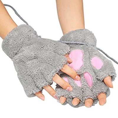 Moufles D'hiver Enfant Unisexe - Patte De Chat Ours En Peluche - Style Kawaii Gris