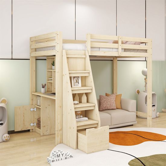Seyakany Lit Mezzanine Enfant 90x200cm Avec Bureau Et Rangement - Échelle, Tiroir, Tableau Noir, Blanc/Naturel