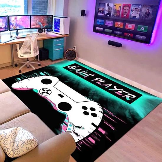 Tapis Gaming Manette 3D - 120x180cm, Velours Corail, Antidérapant, Salon Ado