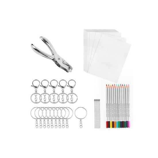 Kit Plastique Fou - 10 Feuilles Thermorétractables A4 + Chaînes, Porte-Clés, Perforatrice - Loisir Créatif Enfants