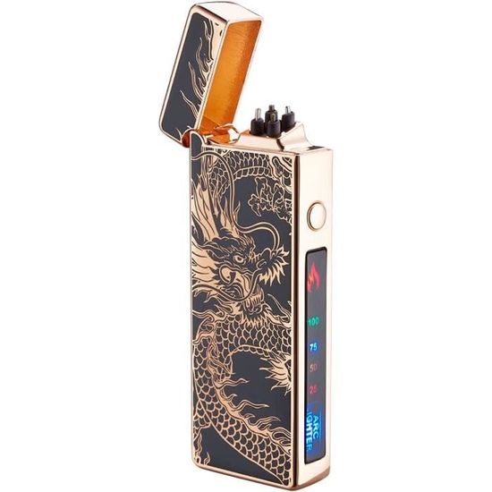Briquet Électrique USB Plasma Rechargeable Double Arc - Coupe-Vent Sans Flamme, Doré Dragon