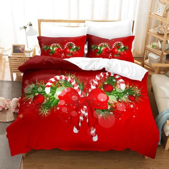 Housse De Couette Noël Rouge Blanc Parure De Lit Couette 3 Pièces Avec 2 Taies D'Oreillers 140x200cm - Maison