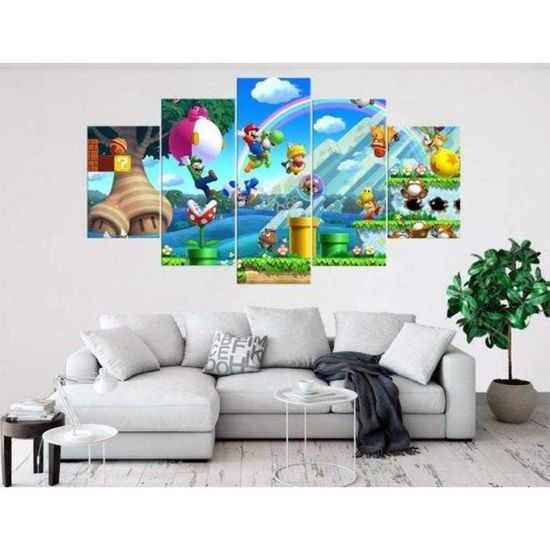 5 peintures sur toile-décoration murale-Jeux De Super Mario 3-décoration de la maison-Cadeau de Noël-avec cadre,100x50cm[686]