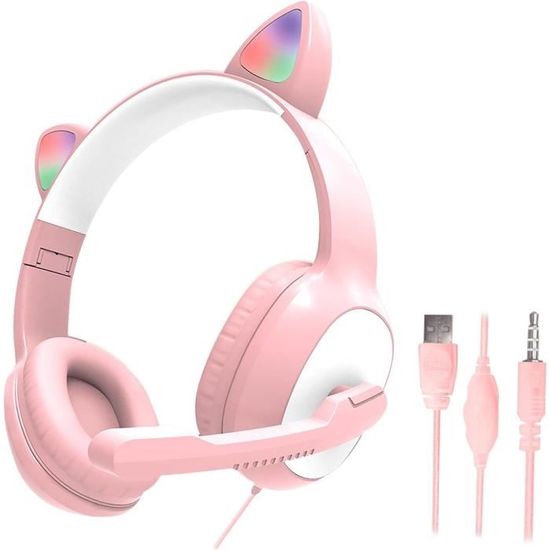 Casque Gaming Avec Oreilles De Chat LED - Bluetooth 5.0, Son Stéréo - Pour Enfants/Adultes - Coloris Doré