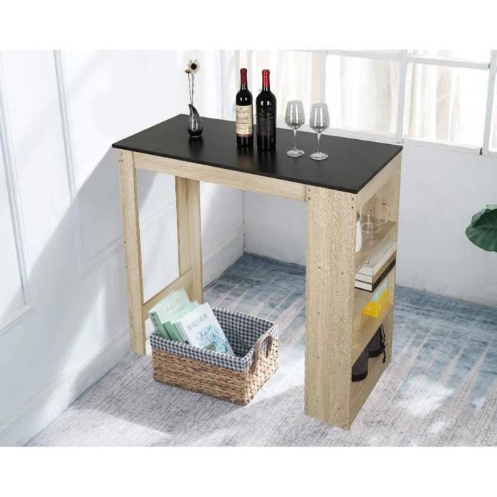 Table bar de 2 à 4 personnes style contemporain avec rangements Décor chêne et Noir - L 115 cm
