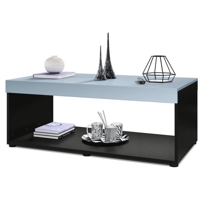 Table basse de salon Pure avec deux grandes étagères, corps en noir mat - plateau et bordures en Denim mat