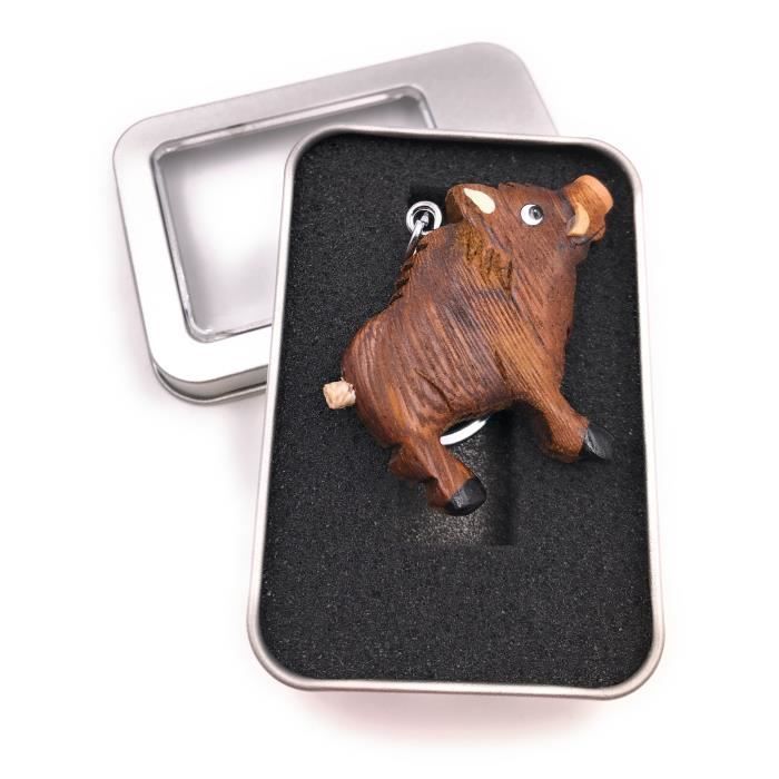 Porte-clés bois sanglier sanglier défenses ongulés cochon pendentif dans une boîte cadeau