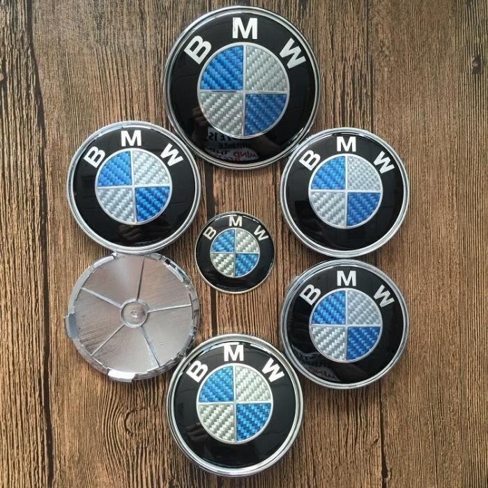 KIT 7 Badge Embleme LOGO BMW Fibre de Carbone Bleu blanc- Capot82mm +Coffre74mm+ Volant 45mm+ 4 Cache Jante 68mm